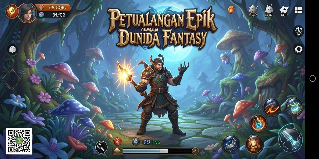 Tangkapan layar gameplay 8QR dengan pertempuran seru dalam dunia fantasi.