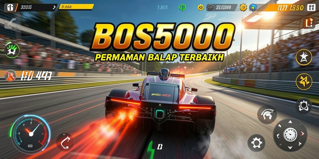 Tampilan gameplay menegangkan di BOS5000 dengan mobil balap yang memukau.