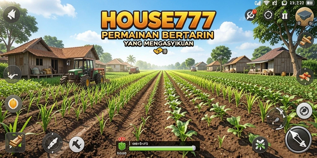 Screenshot utama HOUSE777 menampilkan petani yang sedang merawat ladang hijau.