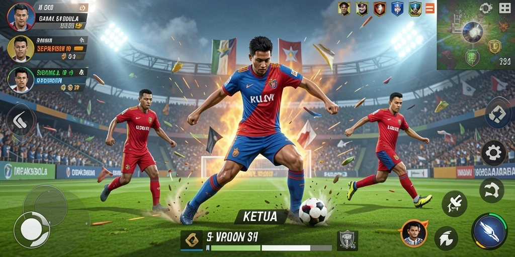 Screenshot KETUA menunjukkan aksi permainan sepakbola yang mendebarkan.