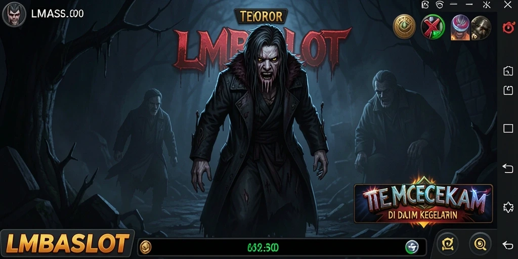Screenshot gameplay LMBASLOT dengan suasana menyeramkan dan efek visual menakutkan.