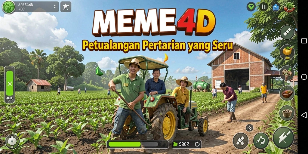 Tampilan gameplay <strong>MEME4D</strong> yang menampilkan pertanian yang aktif dan dinamis.