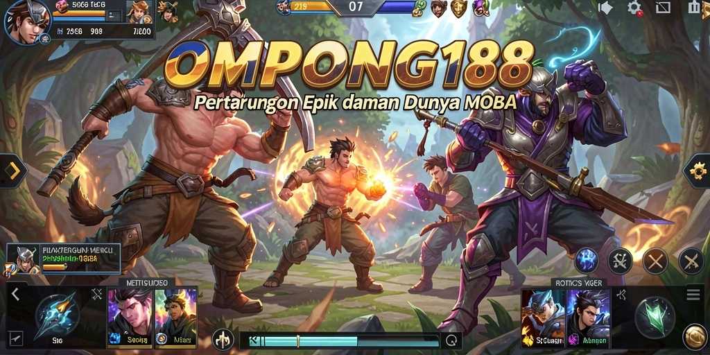 Tampilan permainan MOBA yang menarik dari OMPONG188 dengan aksi karakter.