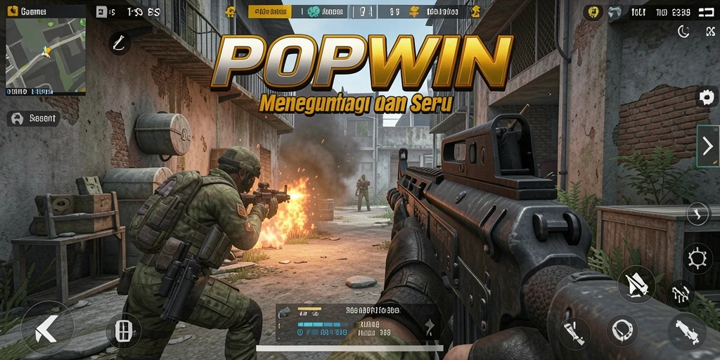 Tampilan gameplay POPWIN yang menegangkan dalam pertempuran FPS.