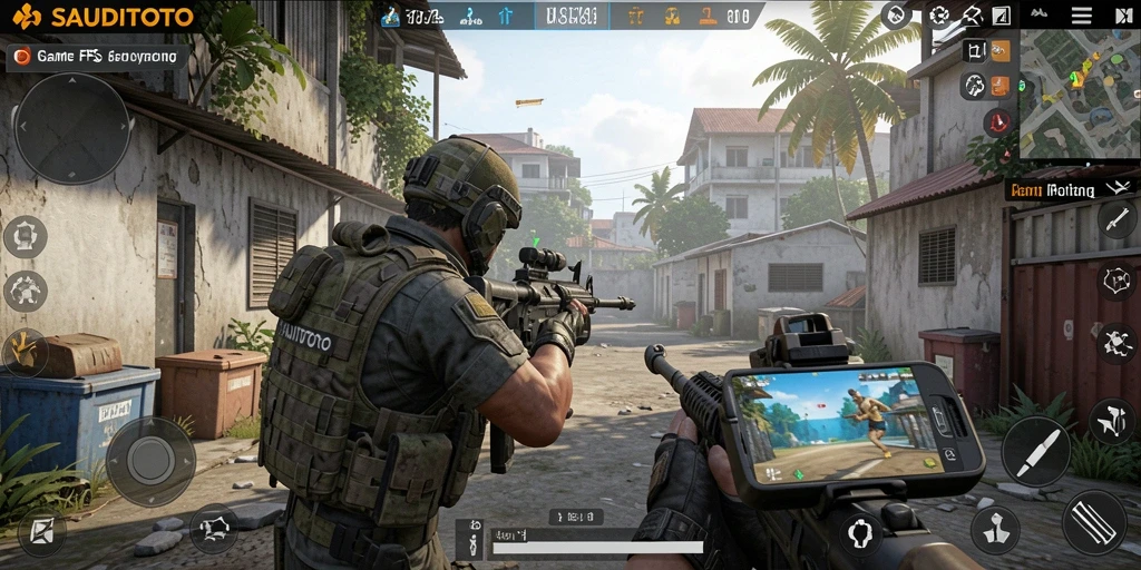 Tampilan gameplay intens SAUDITOTO dengan aksi FPS seru.